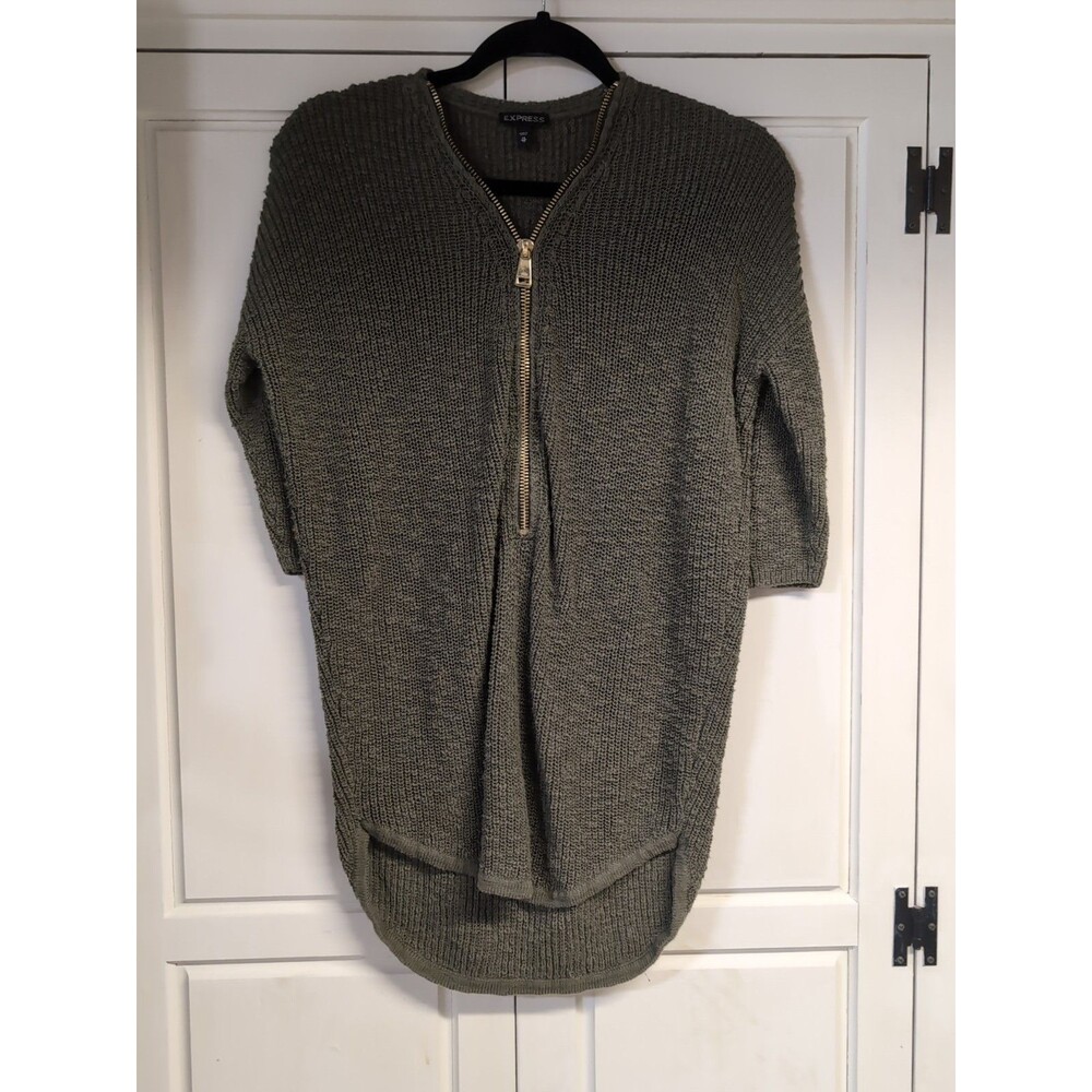 Express Olive Knit Sweater With Gold Zippered Front Size -XS